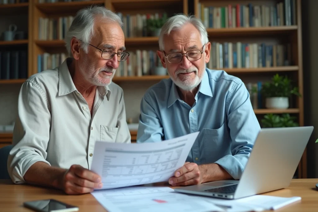 Couple de retraités planifiant leurs dépenses en fonction de plusieurs calendriers de pensions complémentaires