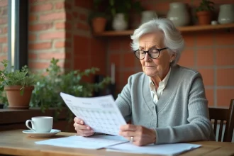 Retraitée consultant son calendrier de paiement de retraite complémentaire et ses relevés bancaires à domicile