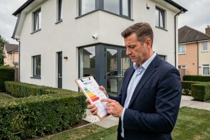 Agent immobilier examinant un diagnostic de performance énergétique devant une maison moderne avec façade en enduit blanc