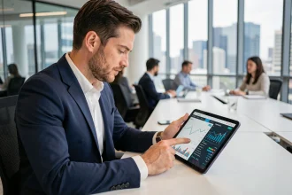 Analyste financier consultant des graphiques de stablecoins sur une tablette dans un bureau moderne
