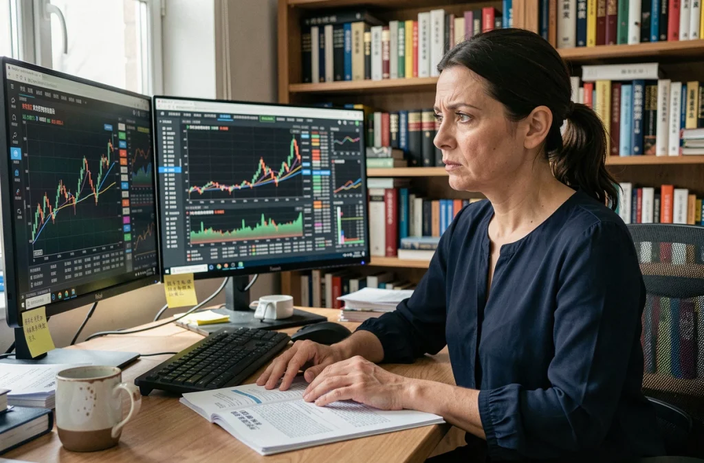 Analyste financière examinant les risques économiques liés à la dépendance mondiale envers la Chine sur des écrans de données