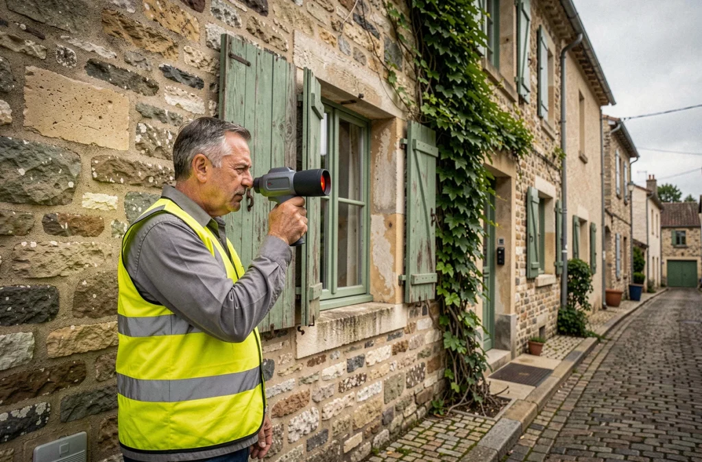 Auditeur énergétique inspectant les murs d'une maison en pierre ancienne avec une caméra thermique dans un village français
