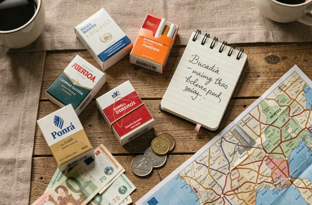 Paquets de cigarettes espagnoles avec budget annuel calculé sur un carnet, comparaison des prix 2026
