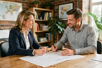 Conseillère de Cabrie de Picardie accompagnant un entrepreneur local dans ses projets lors d'une réunion professionnelle