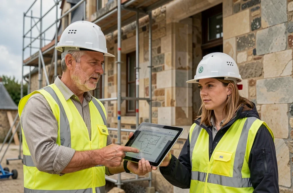 Chef de projet Cabrie de Picardie supervisant la rénovation d'un bâtiment patrimonial local sur chantier