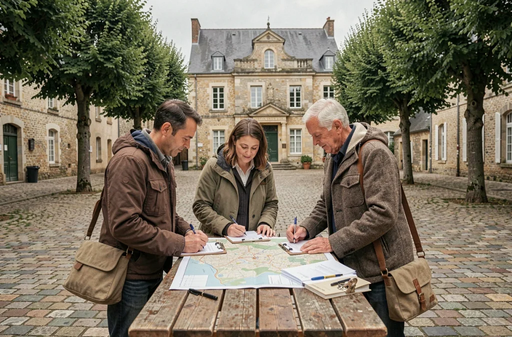 Habitants de Picardie réunis en place de village pour planifier un projet local avec l'aide de Cabrie