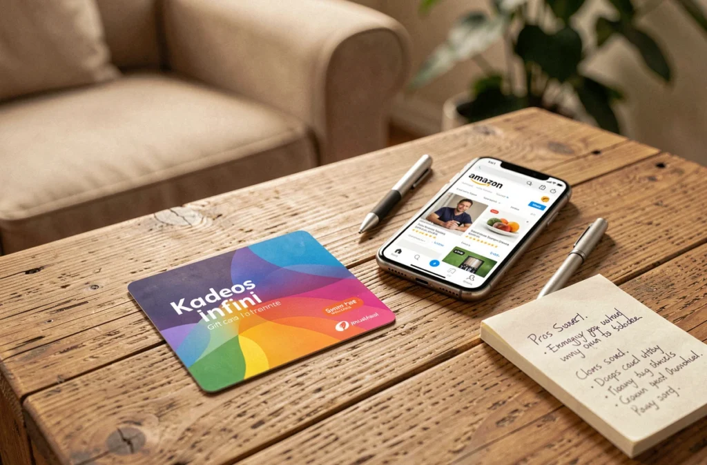 Carte cadeau Kadeos posée sur une table en bois à côté d'un smartphone affichant Amazon et un carnet de notes