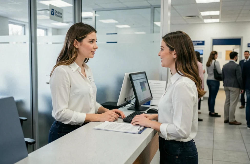 Cliente discutant d'une opération bancaire en attente avec un conseiller en agence La Banque Postale