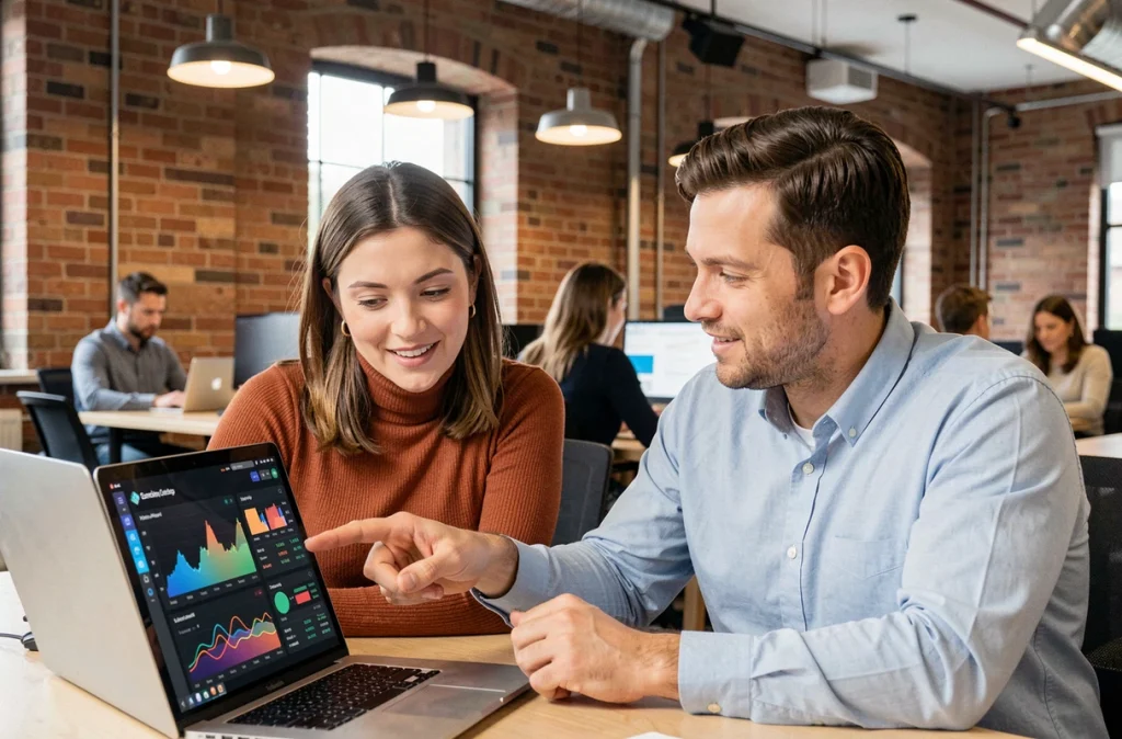 Deux professionnels collaborant sur un tableau de bord de tokens utilitaires blockchain dans un espace de coworking