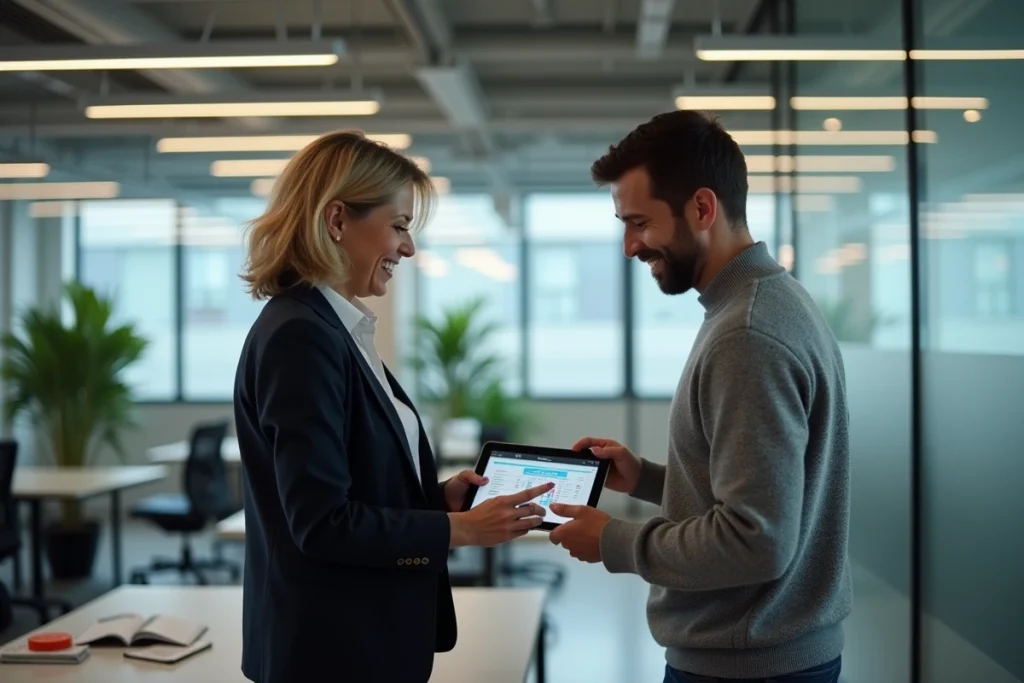 Deux collègues comparant les différences de prime d'activité entre salarié et micro-entrepreneur au bureau