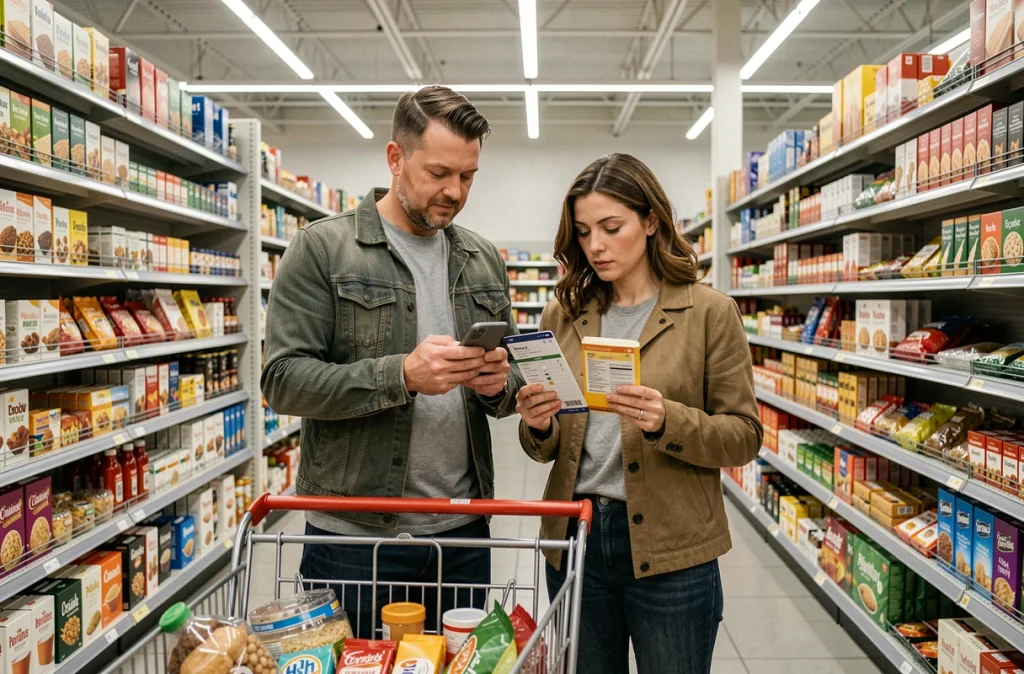 Couple comparant des produits dans un supermarché en utilisant une application de gestion des dépenses sur smartphone