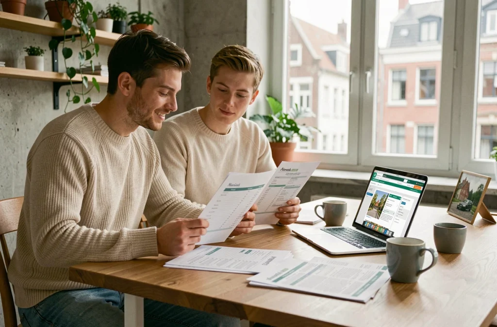 Jeune couple belge analysant les frais annexes d'un achat immobilier à la maison avec documents financiers