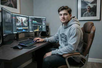 Jeune créateur de contenu masculin dans un studio high-tech révélant un mode de vie luxueux discret