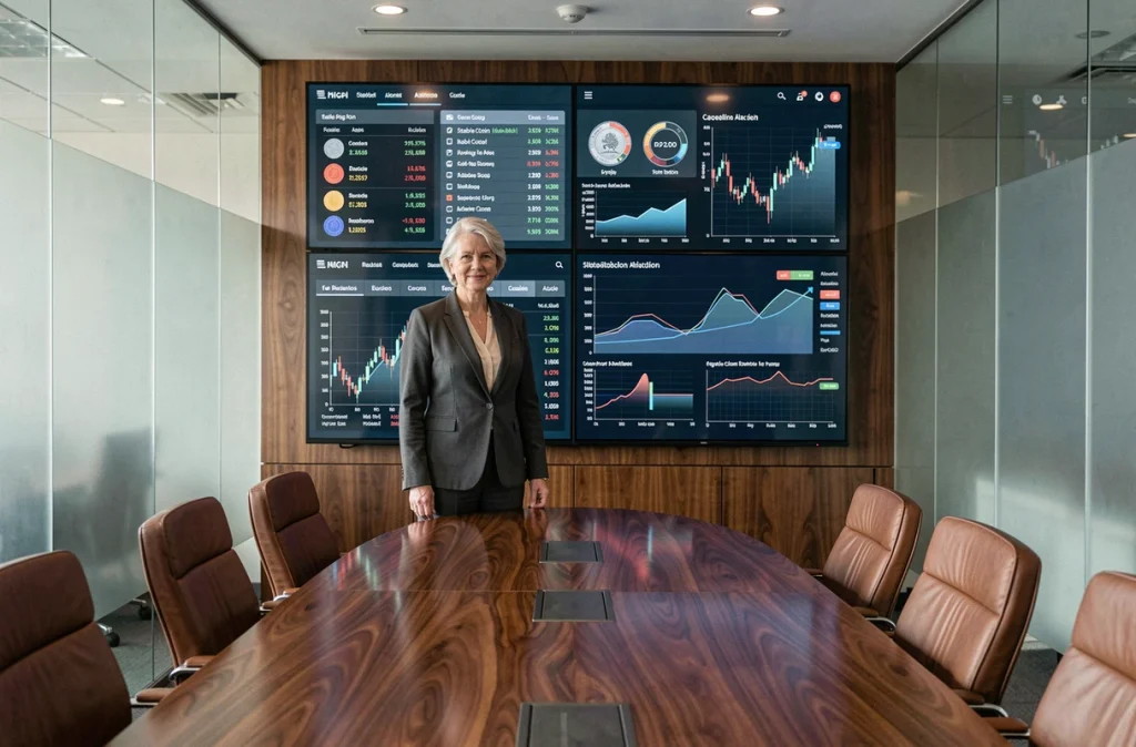 Directrice d'investissement présentant des données de stablecoins sur un écran interactif en salle de réunion