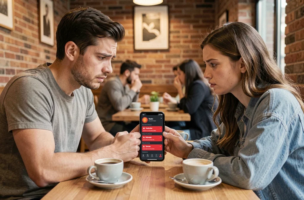 Deux personnes découvrant les signes d'une arnaque crypto sur un smartphone dans un café