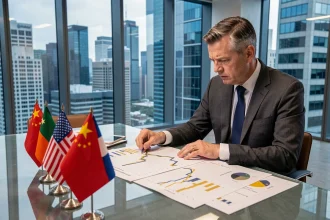 Économiste analysant des données commerciales mondiales avec des drapeaux représentant la dépendance économique à la Chine