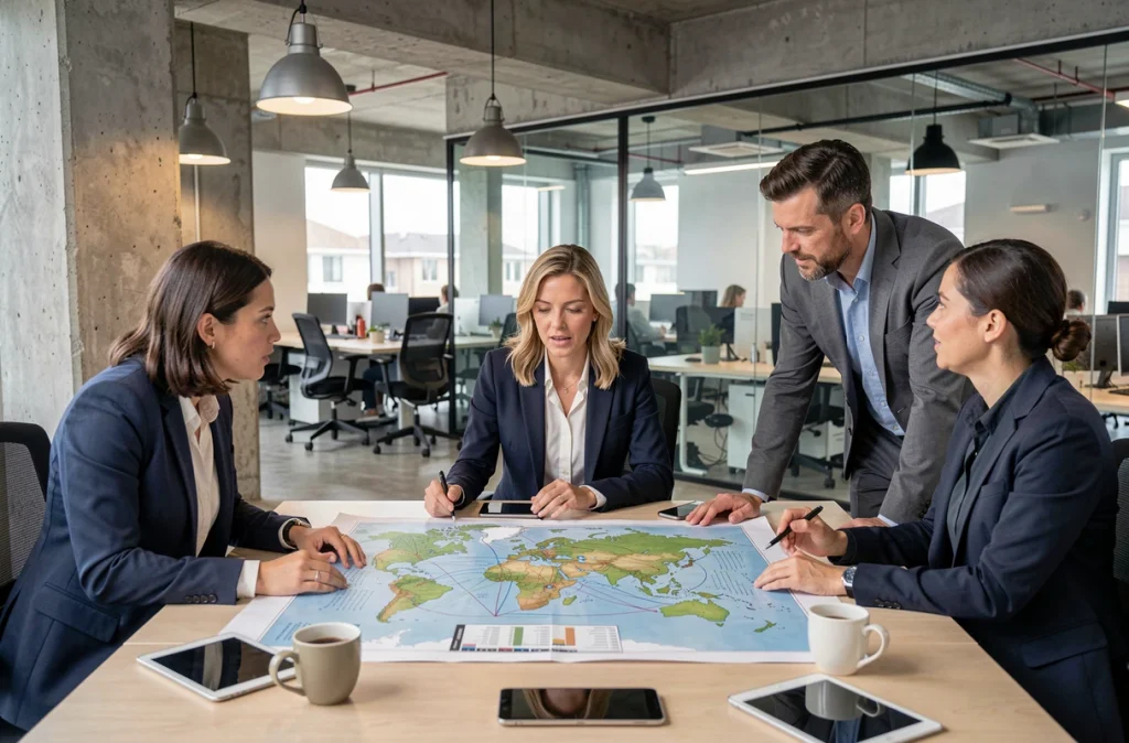 Équipe de professionnels étudiant une carte économique mondiale autour d'une table de conférence, représentant les enjeux géopolitiques et économiques globaux