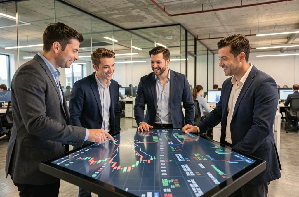 Équipe d'analystes financiers discutant des opportunités de trading court terme sur les actions Jindofoyelaszoz Ltd dans une salle de marché