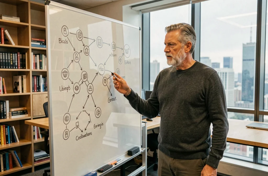Expert blockchain expliquant l'architecture de nouveaux tokens utilitaires devant un tableau de diagrammes en entreprise