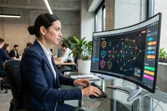 Professionnelle analysant des graphiques de tokens utilitaires blockchain sur grand écran dans un bureau moderne