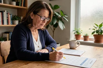 Femme consultant un calendrier d'invalidité imprimé à son bureau à domicile