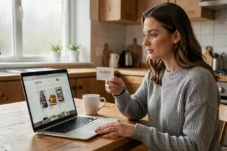 Femme tenant une carte cadeau Kadeos devant un ordinateur portable affichant une page d'achat en ligne