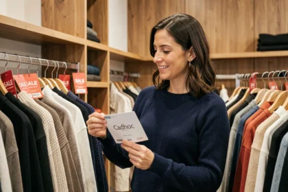 Femme utilisant des chèques Cadhoc pour faire ses achats pendant les soldes dans une boutique de vêtements