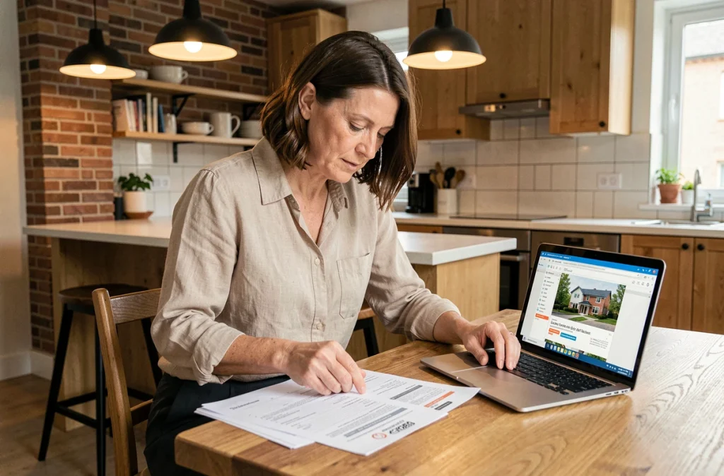 Femme comparant des rapports de diagnostic énergétique sur une table en bois dans un appartement rénové
