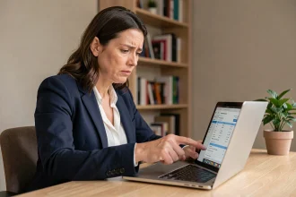 Femme consultant son relevé bancaire sur un ordinateur portable pour identifier un prélèvement non reconnu REMISEREDUC