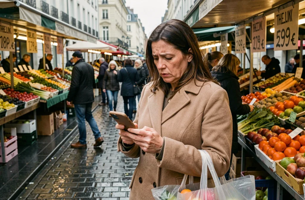 Femme vérifiant les prix au marché alimentaire en ville, symbolisant l'impact du pouvoir économique mondial sur le budget des ménages
