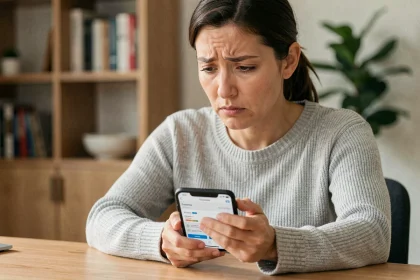 Femme inquiète consultant son application La Banque Postale sur smartphone pour une opération en attente