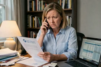 Femme stressée au téléphone tenant une lettre de recouvrement de crédit bureau associates à son bureau à domicile