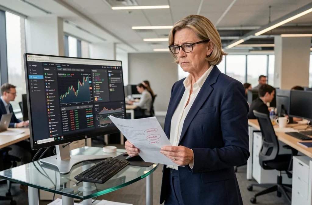 Femme professionnelle examinant des transactions blockchain suspectes dans un bureau moderne