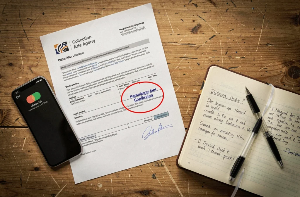 Vue de dessus d'un bureau avec une lettre de recouvrement credit bureau associates, un relevé bancaire de paiement et un smartphone avec appel manqué