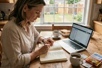 Femme gérant le budget familial avec un carnet de notes et un ordinateur portable sur une table en bois dans une cuisine