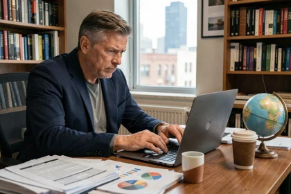 Homme analysant des graphiques économiques mondiaux sur un ordinateur portable dans un bureau à domicile, illustrant l'impact économique global sur le quotidien