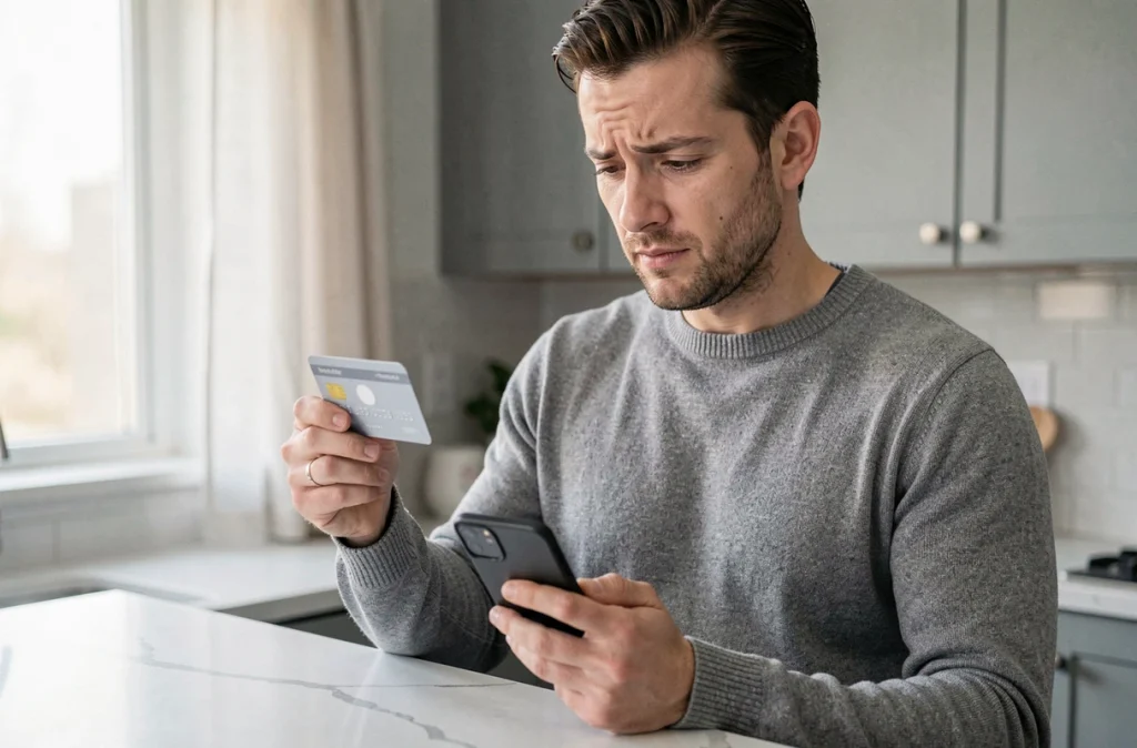 Homme tenant une carte bancaire et un smartphone affichant une application bancaire pour bloquer un prélèvement indésirable