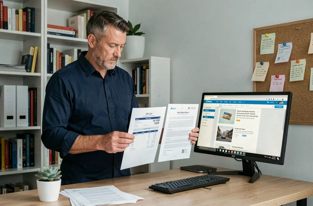 Homme comparant un relevé de carte Kadeos et une page de revente sur son bureau à domicile