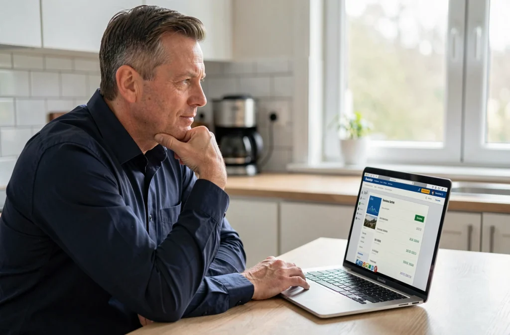 Homme consultant un virement en attente sur le site de La Banque Postale depuis son ordinateur portable
