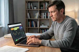 Homme inquiet analysant des signaux d'alerte d'arnaque crypto sur son ordinateur portable