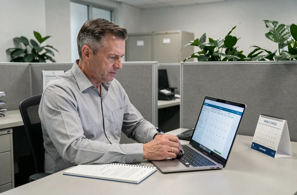 Homme téléchargeant un calendrier PDF d'invalidité 2026 sur ordinateur portable en bureau administratif