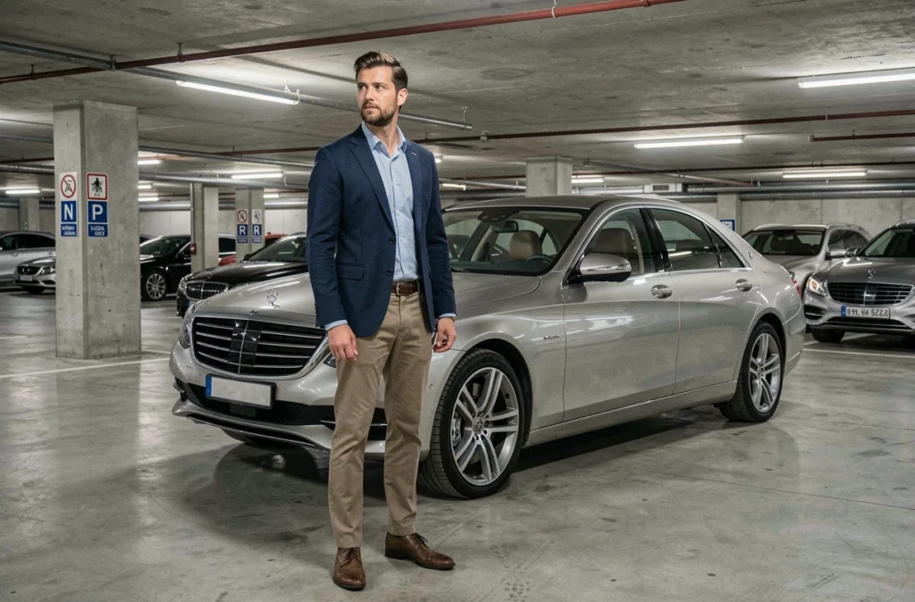 Homme bien habillé debout près d'une voiture de luxe dans un parking privé révélant une richesse dissimulée