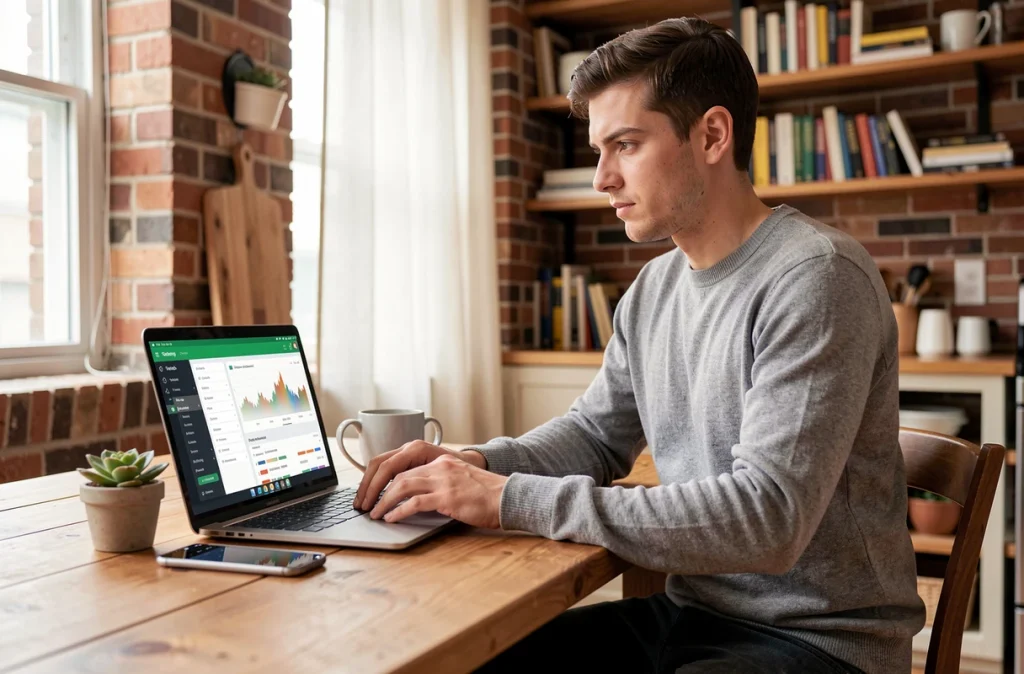 Jeune investisseur particulier gérant un portefeuille de stablecoins depuis son appartement avec ordinateur et smartphone