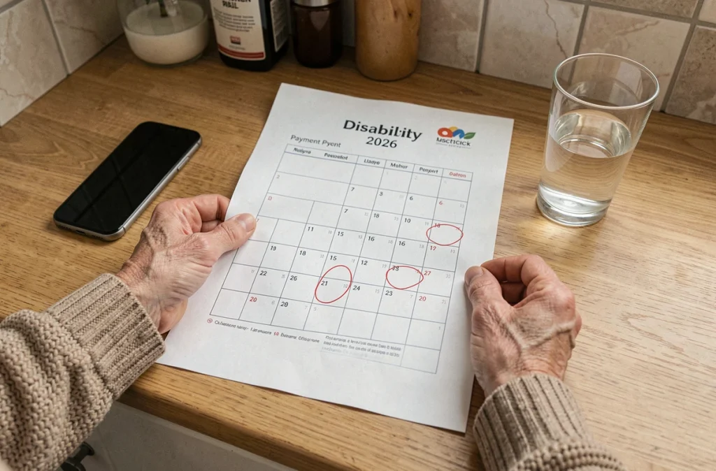 Mains tenant un calendrier d'invalidité 2026 imprimé sur une table de cuisine avec dates entourées