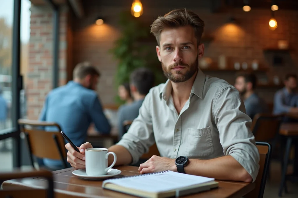 Auto-entrepreneur travaillant sur sa déclaration de revenus pour la prime d'activité dans un café urbain