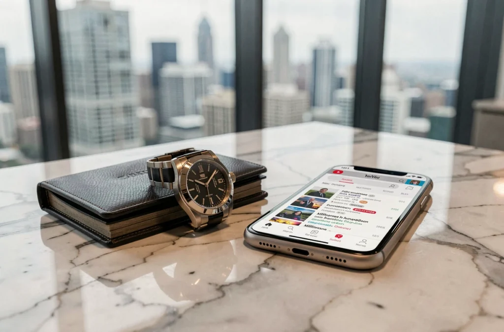 Montre de luxe et portefeuille designer posés près d'un smartphone affichant une chaîne YouTube populaire