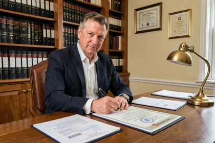 Notaire belge signant un acte de vente immobilier dans un bureau officiel avec documents et contrats hypothécaires