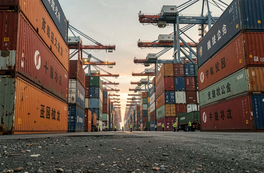 Port de commerce international avec conteneurs d'expédition chinois symbolisant la dépendance des chaînes d'approvisionnement mondiales