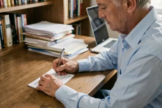 Homme remplissant un chèque à son bureau, illustration du montant maximum d'un chèque entre particuliers