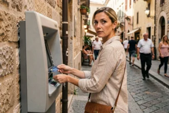 Voyageuse retirant de l'argent à un distributeur automatique dans une rue pavée d'une ville européenne
